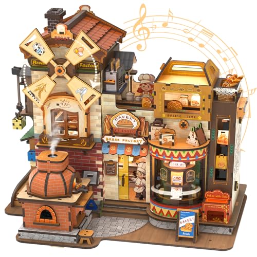 CUTEBEE 3D Holzpuzzle Bread Factory – Modellbau Holz Bausatz für Erwachsene mit LED, Musik & rotierenden Mechanismen, 576-teiliges Miniatur-Haus, Holzbausatz DIY, Bücherregal-Deko, Geschenkidee