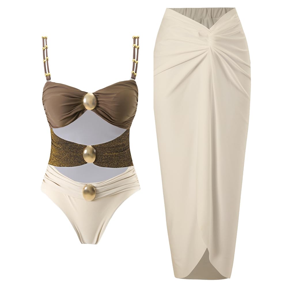 Photo 1 of YUNIDMEIM Women's One Piece Swimsuit with Cover up Set Beach Wrap Skirt Retro Bikini Set Two Piece Bathing Suit with Cover up Brown
