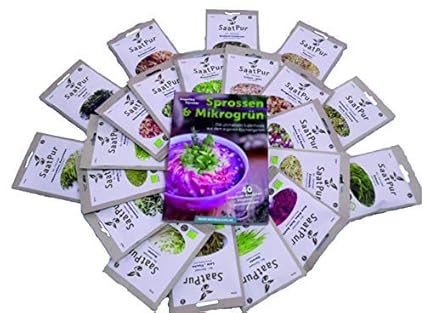 SaatPur Bio-Keimsprossen-Set + Buch Sprossen & Mikrogrün von Angelika Fürstler 40 Rezepte + 21 Portionen Keimsaat Alfafa, Bro