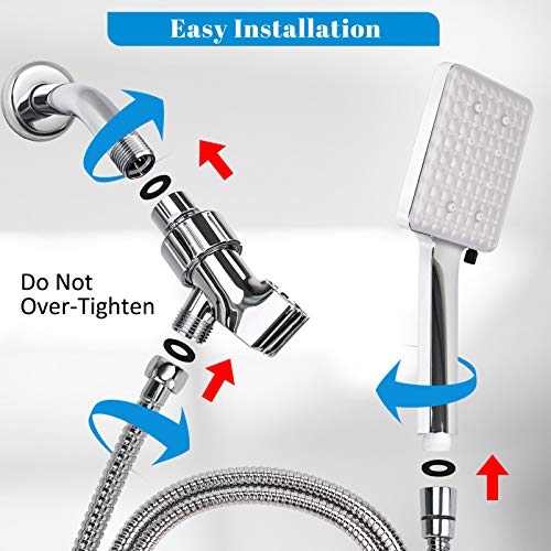 High Pressure Shower Head with Handheld, 6-Setting Square Shower Head, Detachable Shower Head with Adjustable Holder and Stainless hose, Powerful Spray Handheld Shower Heads, 2 Bonus Shower Hooks