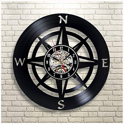 ZhangXF Artistic Compass Theme Vinyl Record Wall Clock,12" Black - Handmade- Unique gift for Christmas Retro Nostalgic Home Decoration Mute Wall Clock