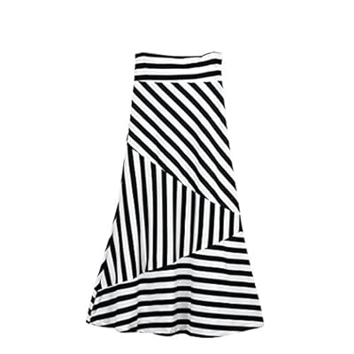 VEZAD High Waist Striped Fold Women Asymmetric Over Stretch Long Maxi Skirt White