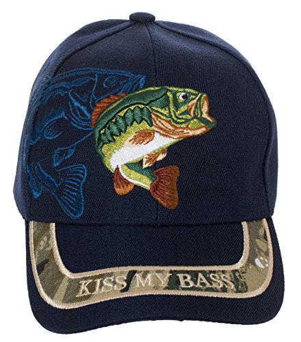 Kiss My Bass Hat - Funny Fishing Fisherman Gift -100% Cotton Embroidered Cap (Navy Blue)