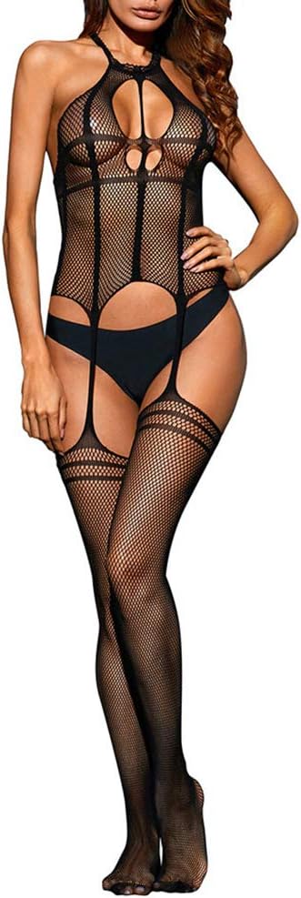 soAR9opeoF Body stocking，Fashion Sexy Women Hollow Fishnet Bodystocking Underwear Elastic Costume Black