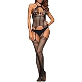soAR9opeoF Body stocking，Fashion Sexy Women Hollow Fishnet Bodystocking Underwear Elastic Costume Black