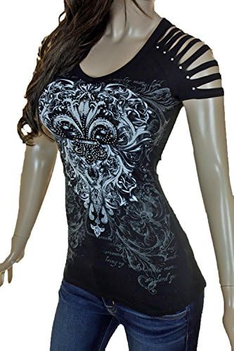 Bling Rhinestone Razor Cut Cold Shoulder Peekaboo Short Sleeve Top Choose Style