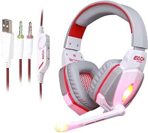 Gaming Headset,KOTION EACH G4000 Stereo Hi-fidelity Sound Over-Ear Headphone USB 3.5mm HiFi Driver Gaming Headphone Noise Isolation LED Light Earphone with Mic Volume Control for PC Game-White & red
