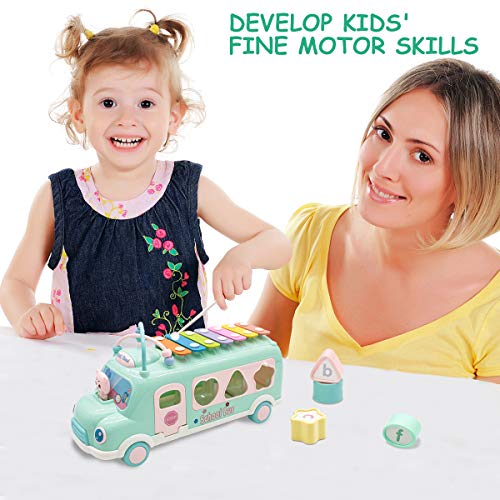 Lydaz Pull Along School Bus Toy with Xylophone, Shape Sorter (6 Alphabets Blocks), Multifunctional Vehicles for Baby Toddlers Kids Boys Girls Preschool