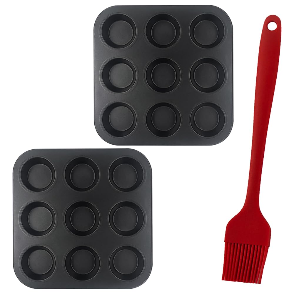 2 Pack Bakeware Yorkshire Pudding Tray Cupcake Tray Muffin Trays 9 Cup Yorkshire Pudding Tin Mini Cake Tins Baking Tray Set Non-Stick Muffin Cases for Baking Pastries, Bun, Cupcakes(Free Brush)