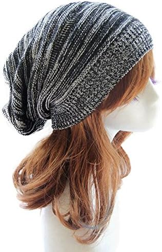 Fairyler Men&Women Fashion Design Drape Layers Beanie Rib Hat Slouchy Wool Knitted Cap (black&white)