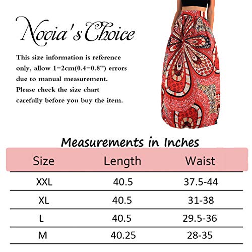 Novia's Choice Women African Floral Print Pleated High Waist Maxi Casual A-Line Skirt(Big Red Flower L)