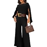 CHICME Women's 3 Piece Pleated Outfits One Shoulder Tops with High Waisted Wide Leg Pants Casual Vacation Outfit