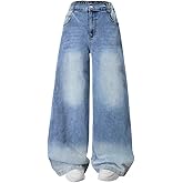 Nivne Tco Girls Baggy Jeans - High Elastic Waist Zipper Retro Washed Wide Leg Denim Pants - Trendy Tween Girls Clothes