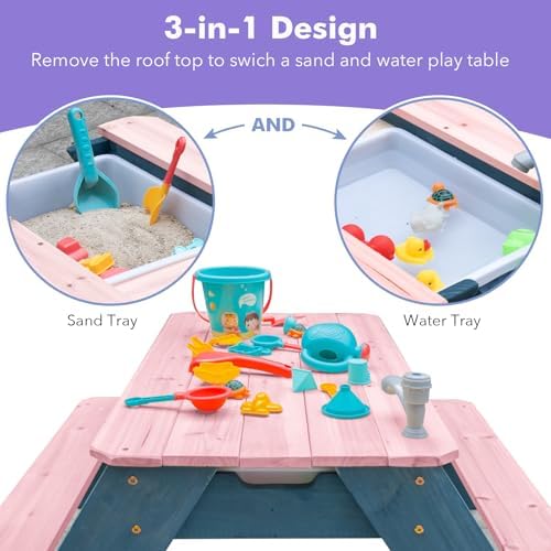 Kids 3 en 1 - Mesa de picnic convertible para exteriores con paraguas, 2 cajas de juego, parte superior desmontable, mesa de grifo para exteriores (rosa/azul marino)