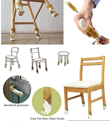 20PCS (5 Sets) Chair Socks Fancy Table Leg Pads with Cute Cat Paws Design, Reliable Furniture and Floor Protector, 4 Different Patterns + 1 Stripe Ginger Pattern - Pack of 20 socks