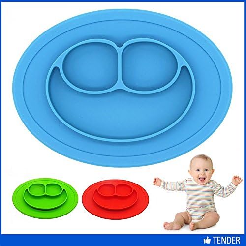 Tender Baby - Round Feeding Tray Silicone Section Smiley Face Placemat for Baby Fits Highchair Tray - Compatible with Freezer and Microwave (Blue) | BPA Free - FDA Approved | Safe Non-Toxic Food Grade