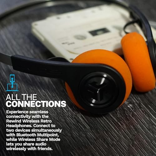 JLab, Rewind 2, Retro Wireless on-Ear Headphones, Bluetooth multipoint, EQ3, Google Fast Pair, Be Aware, Wireless Sharing, Black