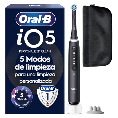 Oral-B iO 5 Cepillo de Dientes Eléctrico con 1 Cabezal, Negro - Cepillo Dental con 5 Modos de Cepillado, Sensor de Presión y Temporizador, /Funda Magnética y Soporte de Recambios