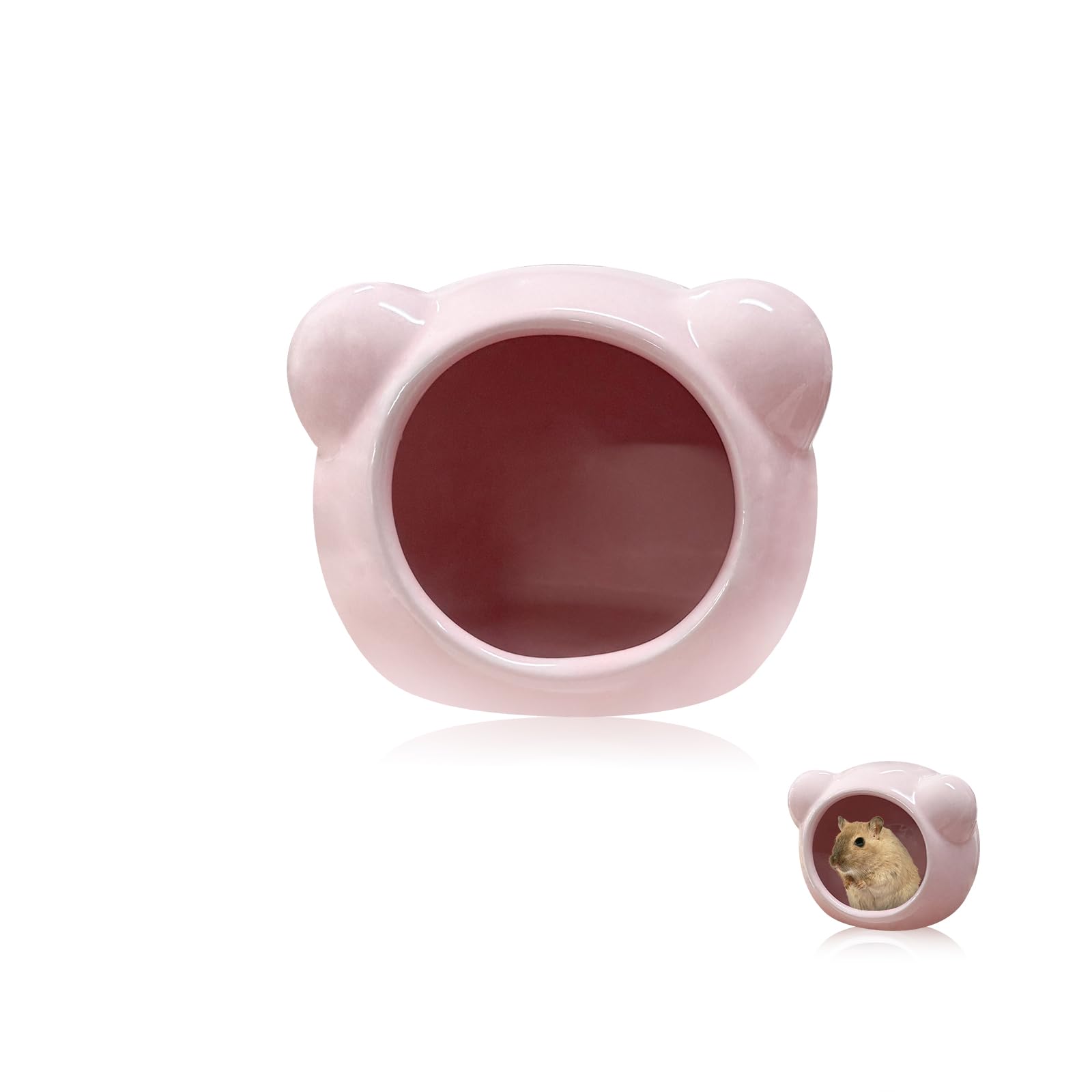 LuckyOpt Ceramic Hamster House, Cute Bear Shape Hamster Cave, Small Animal Summer Cool Hamster Hideout Habitat for Gerbil Mice, Chinchilla, Dwarf and Syrian Hamsters (Pink)