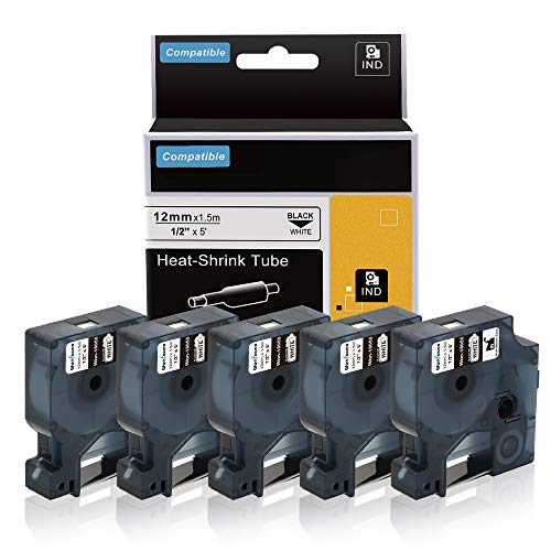 Compatible 1/2" DYMO Rhino Industrial Heat Shrink Tubes Work with DYMO Rhino 4200 5200 6000 Label Makers, Black on White, 5-Pack DYMO 18055