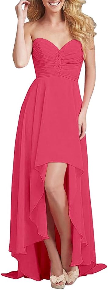 FTSOP Women's Chiffon Sweetheart Bridesmaid Dress Long Asymmetrical Prom Evening Dress Strapless Burgundy