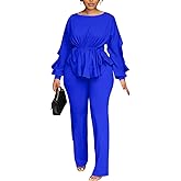 knowfashionstyle Women'S 2 Piece Outfits Suit Set Long Sleeve Peplum Top Pants Sets Casual Pantsuits Elegant Business Suit