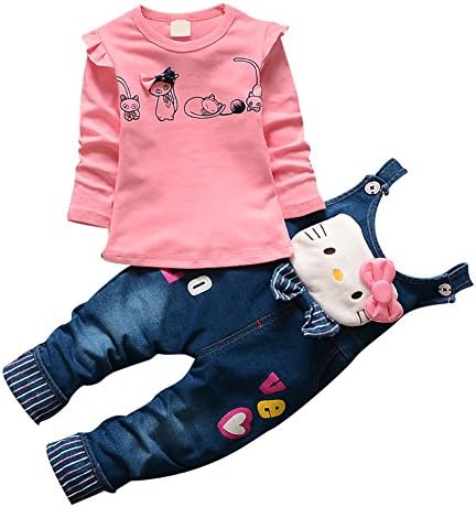 EFZQ Baby and Little Girls T-Shirt and Rompers Pants Overalls 2-Piece Set (S/73(Advice 6-12 months), Pink(Cat))