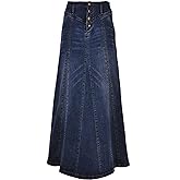ebossy Women's High Rise Distressed Wash Denim Skirt A Line Swing Maxi Long Jean Skirts