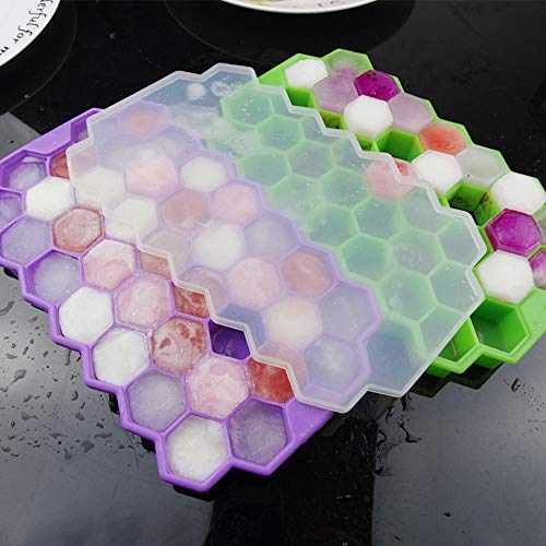 3 Pack Ice Cube Trays, Silicone Honeycomb Shape Ice Cube Molds wih Lids Make 111 Ice Cube for Whiskey, Cocktail, Stackable Flexible, BPA Free (Purple+Yellow+Green) - Thumbnail 6