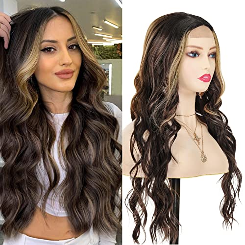POPTAIYU Long Brown Mixed Blonde Wavy Highlight Lace Front Wigs for Women Synthetic Curly Natural Wavy Heat Resistant Hair for Daily Party Use (Brown Mixed Blonde,26inch)