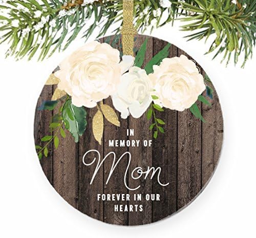 In Memory of Mom Ornament 2017 Mother Memorial Remembrance Christmas Gift Xmas Mama Mommy Angel Loving Keepsake Pretty Rustic 3 Flat Circle Porcelain Ceramic Ornament with Gold Ribbon &amp; Free Gift Box