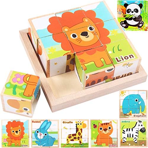 Jiudam キューブパズル 子供 木製 知育玩具 セット 男の子 女の子 誕生日のプレゼント 人気 モンテッソーリ 教育 ブロック 積み木 おもちゃ 9コマ 立体パズル