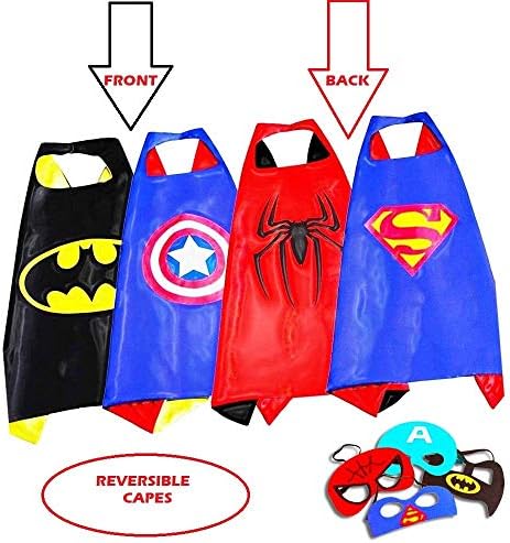 Superhero Capes for Kids, Girls & Boys | Pretend Play 2 Reversible Capes & 4 Masks Halloween, Birthdays Party Favors