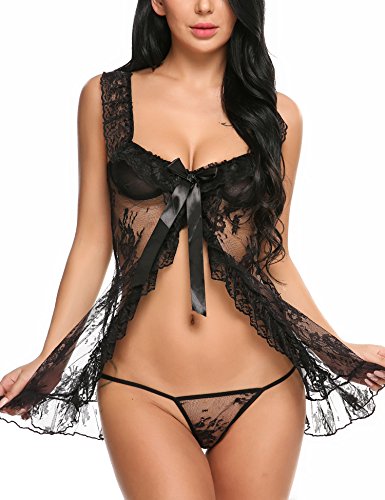 Avidlove Women Sexy Lingerie Open Front Babydoll Dress Halter Chemise Sleepwear Floral Lace Pajamas Nightgown Set,Black,Small
