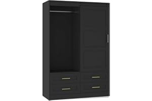 GOSROMS Armoire Wardrobe Closet with Sliding barn Door，Wardrobe Cabinet with 4 Storage Drawers and Hanging Rail,Freestanding Wooden Closet for Bedroom (Black)