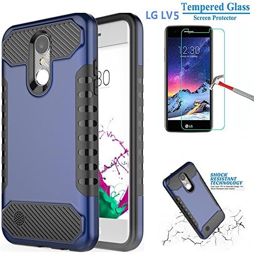 LG K10 (2017) Case, LG K20 Plus Case, LG LV5 Case, L00KLY [Slim Fit] Dual Layer Hybrid Shockproof Armor [Hard PC Back Cover + TPU Bumper] Case Cover with Tempered Glass Screen Protector (Navy Blue)