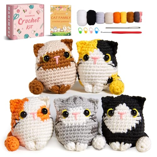 MAGIMUSE Crochet Kit for Beginners, Beginner Crochet Kit with Step-by-Step Video Tutorials, DIY Crochet Animal Kits Amigurumi Craft Knitting Supplies, 5 Pack Cats (40%+ Yarn)