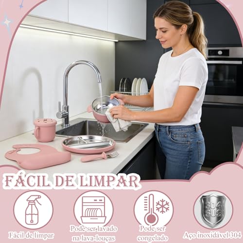 Kit Introdução Alimentar Bebe, Kit de 9 Alimentação Bebe Inox e Silicone, com Pratinho e Bowl de Alimentação com Ventosa, Babador, Copo, Tampa com Canudo, 2 Talheres Silicone e 2 Talheres Inox (Rosa)
