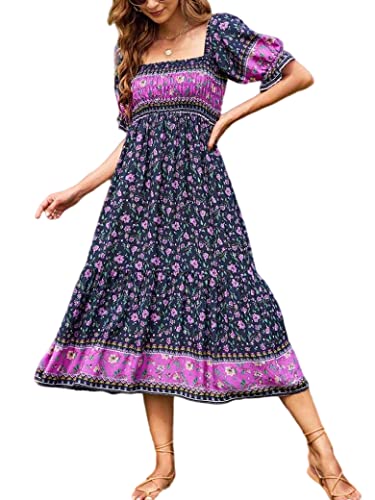 Naggoo Women's Square Neck Bohemian Long Dress