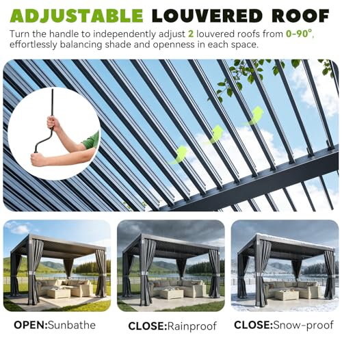 MELLCOM Louvered Pergola 10'x12', Aluminum Pergola with Adjustable Louvered Roofs, Outdoor Gazebo with Waterproof Curtains and Nets (10'x12' Black)