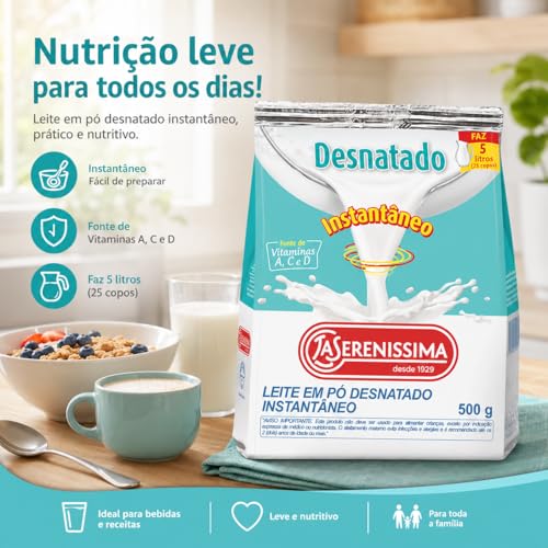 La Serenissima Leite em Pó Desnatado Instantâneo, 500g, 0% Gorduras, Fonte de Cálcio, Proteínas e Vitaminas