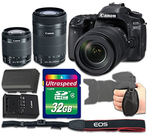 Canon EOS 80D DSLR Camera Bundle with Canon EF-S 18-55mm f/3.5-5.6 IS STM Lens + Canon EF-S 55-250mm f/4-5.6 IS STM Lens + 32gb Memory SD Card + Grip Strap - International Version (No Warranty) Canon EOS 80D DSLR Camera Bundle with Canon EF-S 18-55mm f/3.5-5.6 IS STM Lens + Canon EF-S 55-250mm f/4-5.6 IS STM Lens + 32gb Memory SD Card + Grip Strap - International Version (No War   ranty)