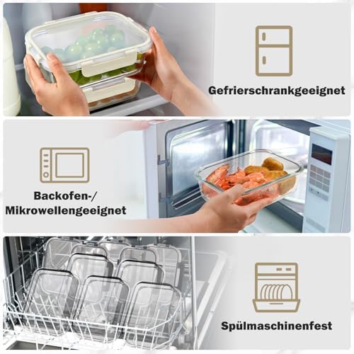 Glasbehälter mit Deckel, 10 Teile Stapelbar & Luftdicht Meal Prep Boxen Glas für Spülmaschine, Mikrowelle & Gefrierschrank, Auslaufsicher, BPA-Frei, Weiß