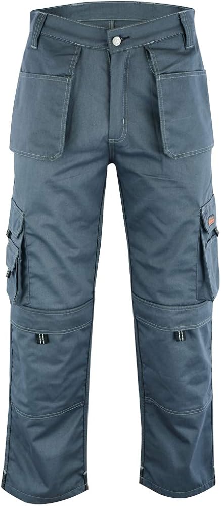 WrightFits Men Pro-11 Work Trousers Grey, Heavy Duty Safety Combat Cargo Pant, Multi Pockets & Knee Pad Pockets