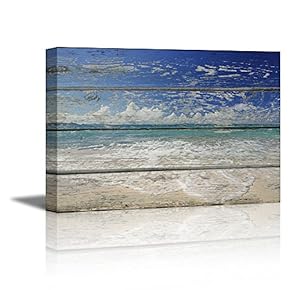 Canvas Prints Wall Art - Tropical Beach on Vintage Wood Background Rustic Home Decoration - 12" x 18"