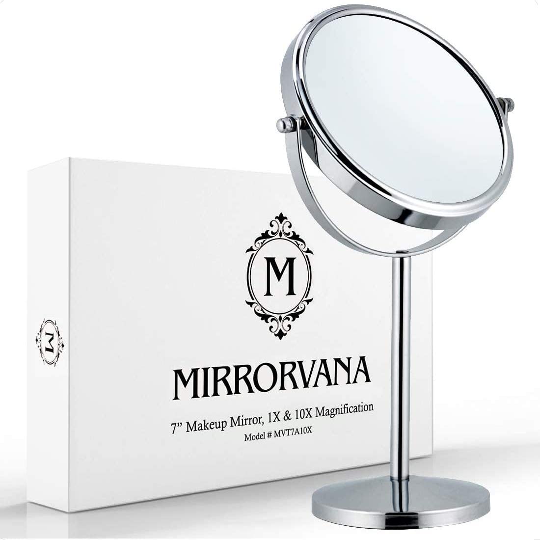 Photo 1 of 10X Magnifying Makeup Mirror on Round Stand for Tabletop, Bedroom Vanity Desk and Bathroom Counter - Free Standing Double Sided 10X/1X Magnification Mirror - 7" Wide and 14" Tall (Chrome)