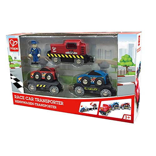 Hape Eisenbahn Rennwagen-Transporter, Frachtzug ab 3 Jahren, Eisenbahn – Bild 3