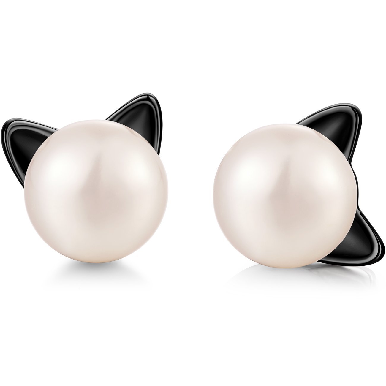 JiaYang Black Gold Plated Cat Pearl Earrings for Women Sterling Silver Cats Stud Earrings with White Pearls Cute Kitty Cat Animal Earrings for Daughter Girls