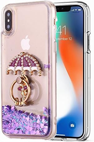 iPhone X Case,iPhone X Floating Liquid Case,EvaTech Glitter Sparkle Case 3D Bling TPU Bumper Soft Cover with Ring Kickstand for iPhone X (Purple, iPhone X)