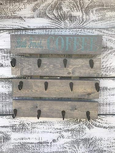 Rustic Wood Coffee Cup Rack your Color Choice 12 Mug Hooks Large Wall Mounted Mug Storage But First Coffee